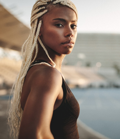 Female athlete wearing serious expression
