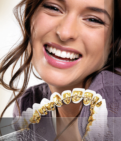 Burnette woman smiling with InBrace lingual braces