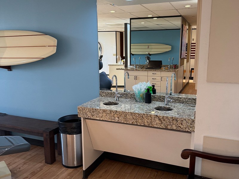 Wooden bench near orthodontic treatment chair